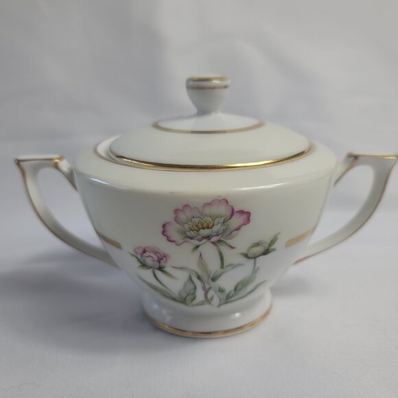 Mikado Harmony Sugar Bowl with Lid Cream Rim Pink Floral Center - Picture 1 of 15
